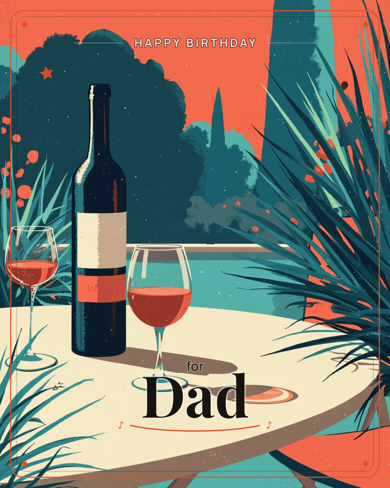 A wine bottle and two glasses of rosé sit on a round outdoor table, framed by teal palm fronds against a coral sky, a birthday e-card design