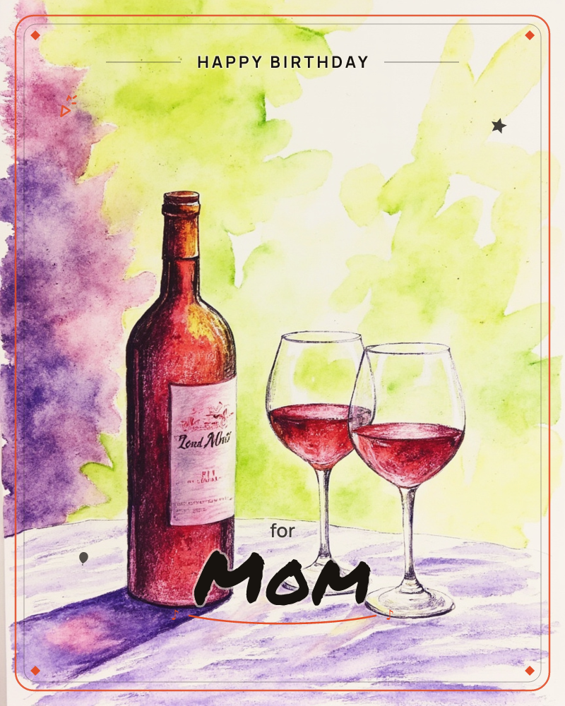 A watercolour painting shows a wine bottle and two half-filled glasses of red wine standing on a lavender-shadowed table, set against a loose…, a birthday e-card design