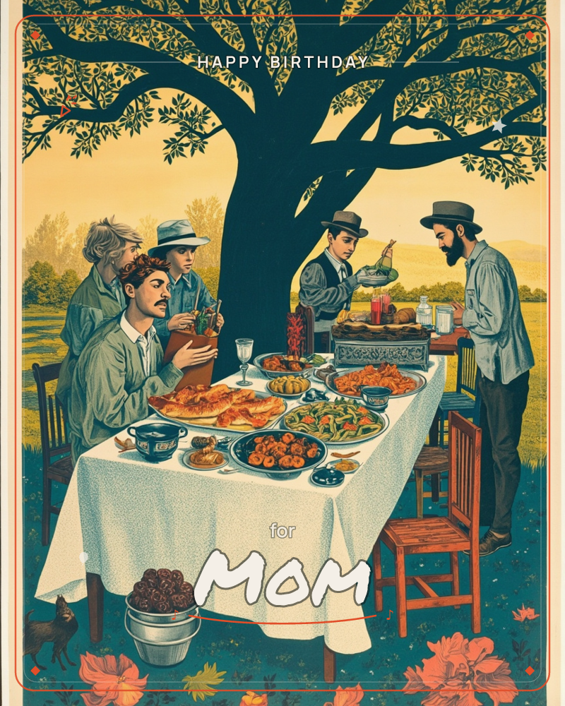 A group gathers beneath the dark spreading canopy of a huge oak, seated around a long table dressed in white linen and loaded with platters of bread…, a birthday e-card design