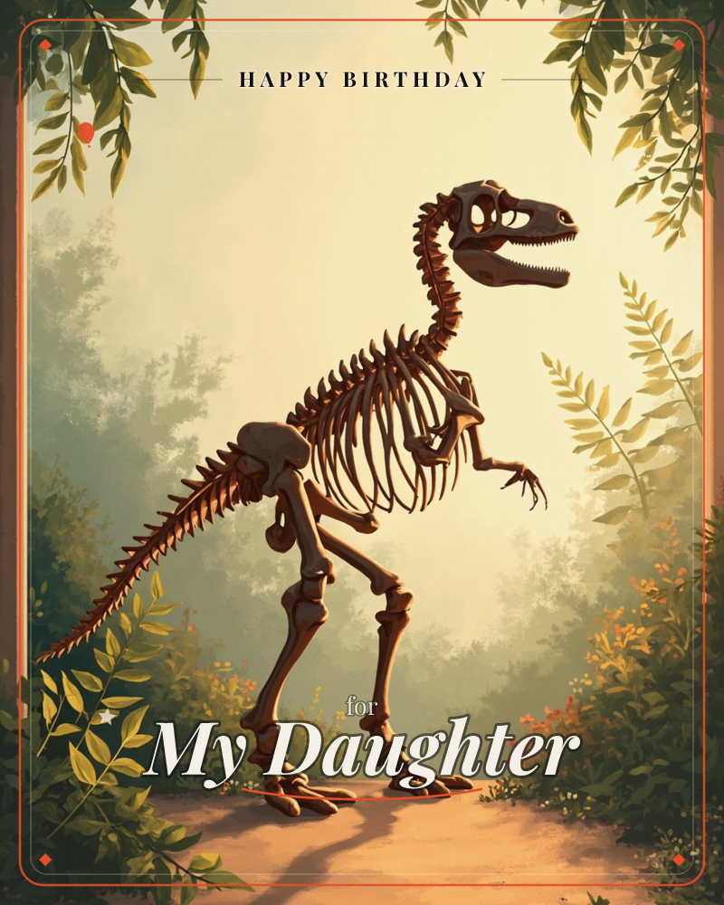 A raptor-like dinosaur skeleton stands posed mid-stride on a sunlit dirt path, framed by hanging leaves and dense green foliage on either side, a birthday e-card design
