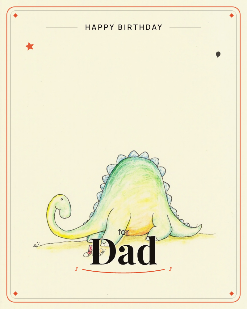 A gentle green long-necked dinosaur with a row of soft blue back-plates bends its head down to peer at a tiny butterfly resting on the ground, a birthday e-card design