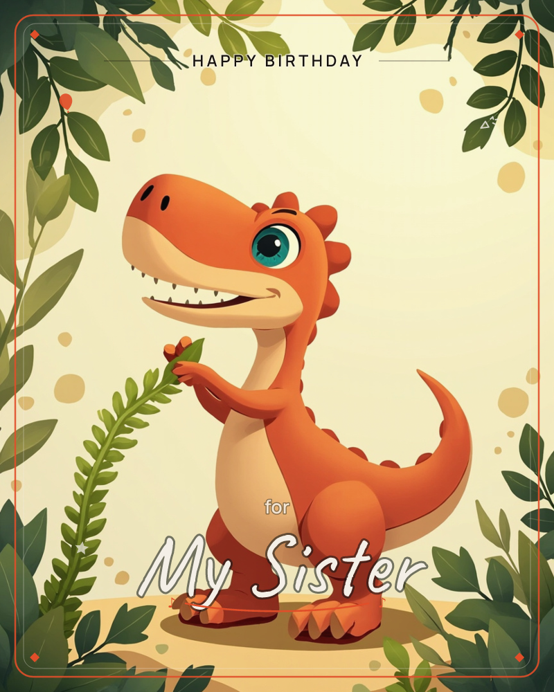 A cheerful orange dinosaur with a big blue eye and toothy grin stands on sandy ground, one clawed hand gently holding a fern frond, a birthday e-card design
