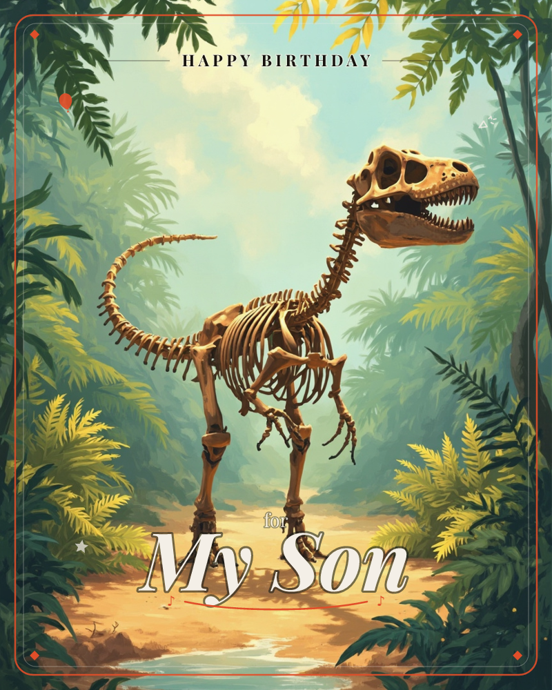 A full dinosaur skeleton stands on a sunlit jungle path, its bony frame caught mid-stride between towering ferns and palms, a birthday e-card design