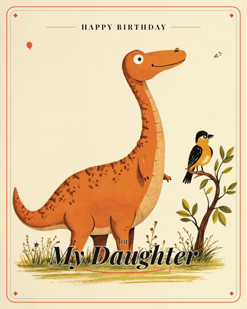 A friendly orange dinosaur with a long speckled neck stands in a patch of grass, smiling at a small black-and-orange bird perched on a slender leafy…, a birthday e-card design