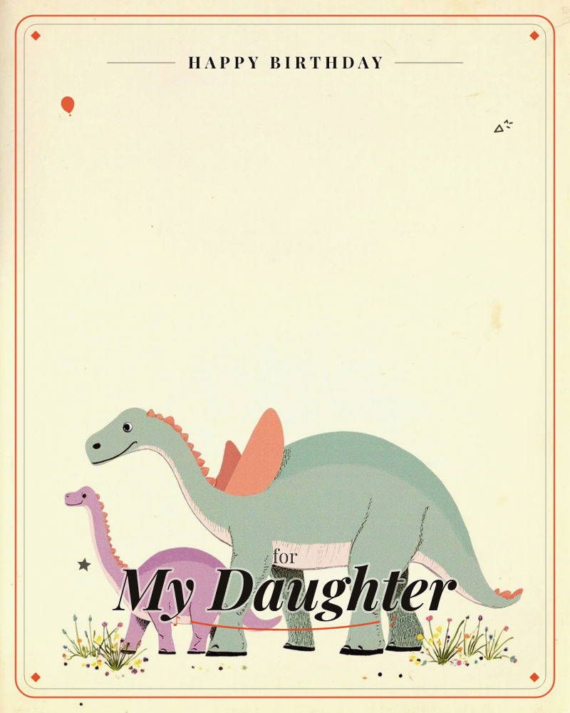 A large sage-green dinosaur with a coral-orange fin walks beside a small purple dinosaur across a cream background dotted with tiny wildflowers, a birthday e-card design