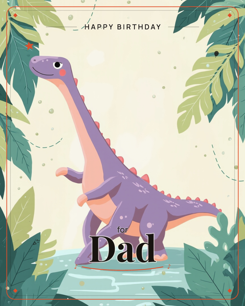 A friendly purple long-necked dinosaur strolls through a pale cream jungle clearing, framed by oversized teal and green leaves, a birthday e-card design