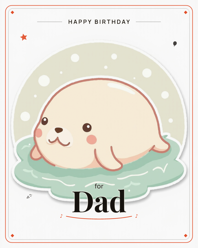 A round, cream-coloured baby seal with rosy cheeks rests on a patch of pale teal water, set against a soft sage-green circle scattered with white…, a birthday e-card design