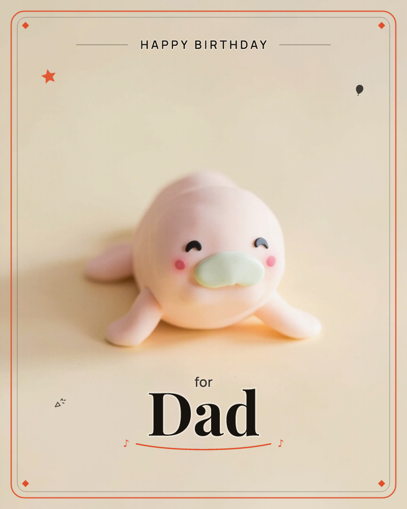 A pudgy pink seal-like creature lies flat on its belly against a soft buttery-yellow backdrop, its stubby flippers splayed out to the sides, a birthday e-card design