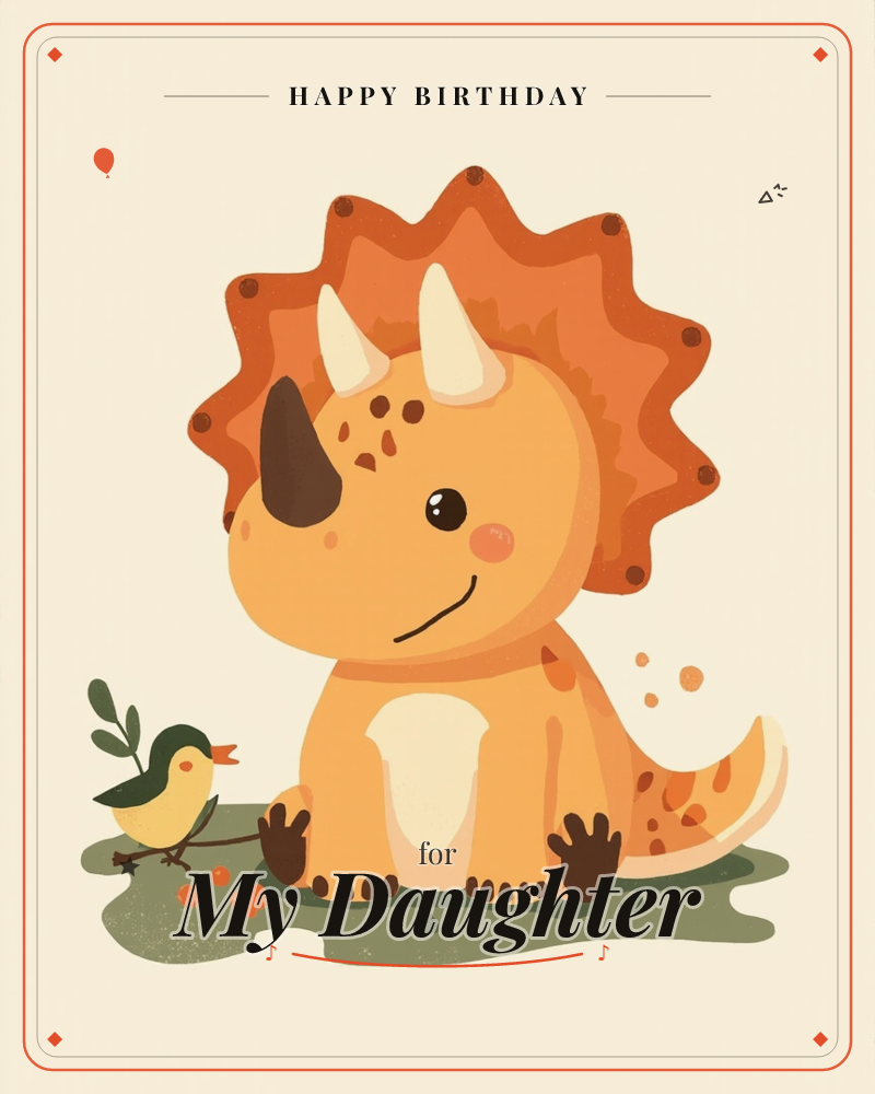 A round, rosy-cheeked baby triceratops sits on a patch of soft green ground, its orange frill and stubby horns rendered in warm sunset tones, a birthday e-card design