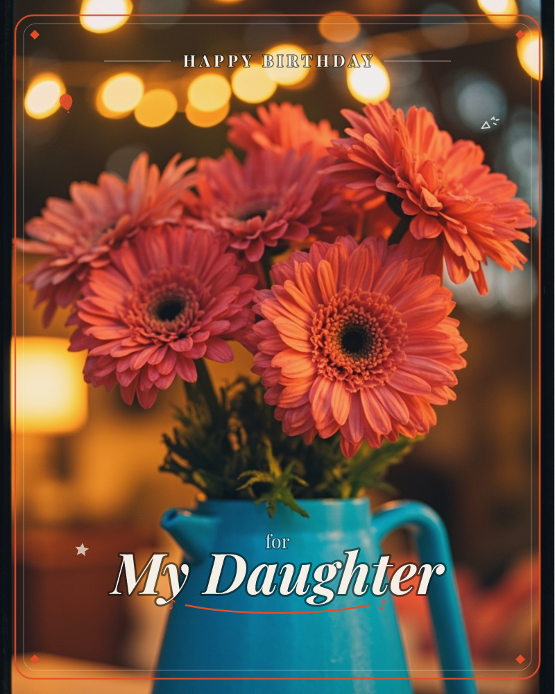 A cluster of coral-orange gerbera daisies fills a bright turquoise pitcher, glowing against a warm, blurred background of string lights and lamplight, a birthday e-card design