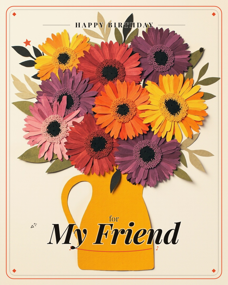 A cut-paper illustration shows a mustard-yellow jug overflowing with layered paper daisies in orange, red, purple, pink, and gold, their dark centers…, a birthday e-card design