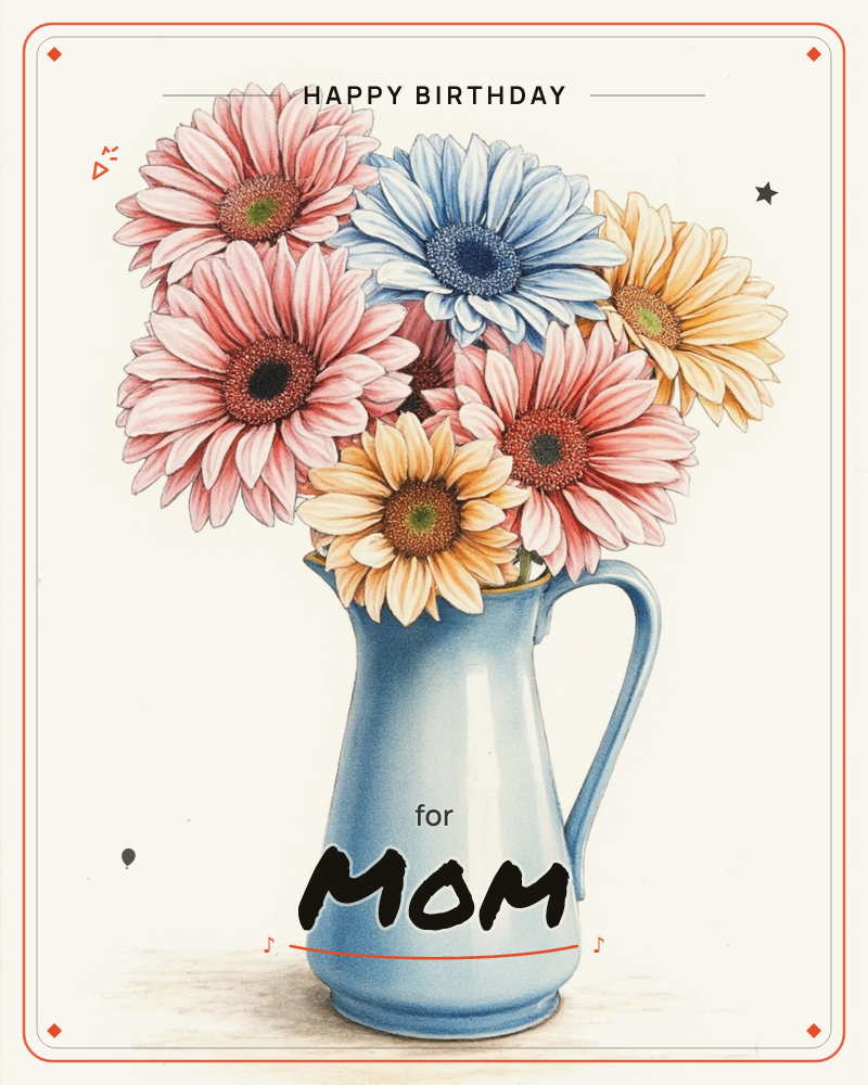 A tall blue ceramic pitcher holds a bunch of large daisy-like gerbera blooms in pink, blue, and soft orange, each with detailed layered petals and dark…, a birthday e-card design