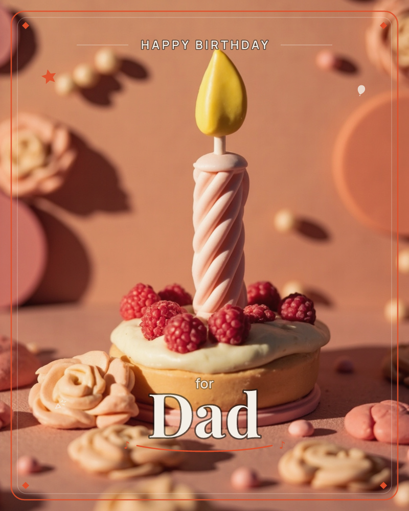 A single striped candle with a glossy yellow flame rises from a mini tart topped with pale green frosting and fresh raspberries, all set on a warm…, a birthday e-card design