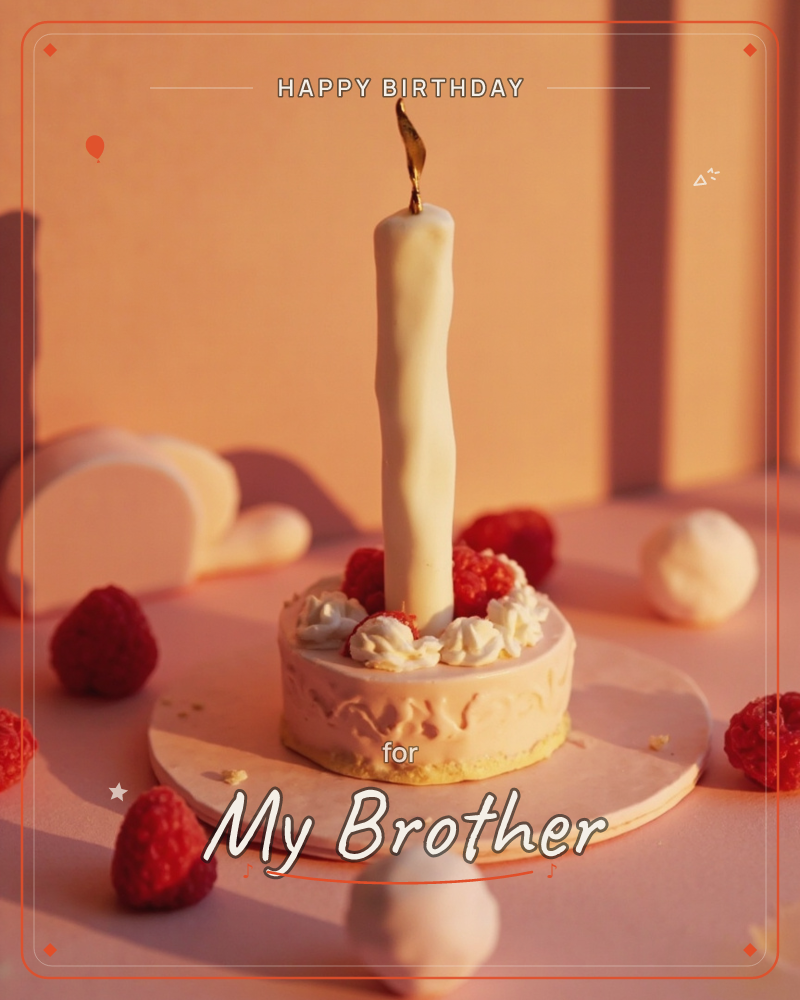 A single tall white candle burns atop a small round cake dotted with piped cream and fresh raspberries, all lit by warm, low sunset light, a birthday e-card design