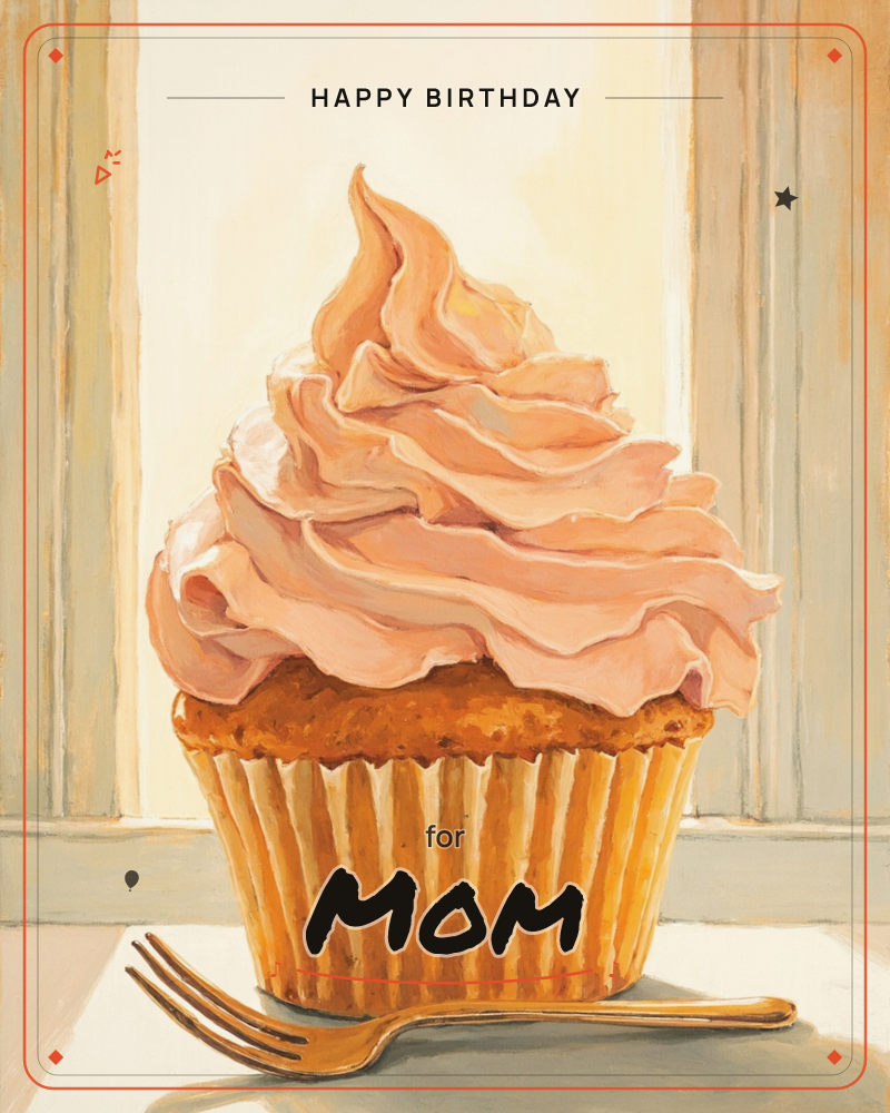 A single cupcake sits on a windowsill, its swirl of pink frosting piled high and catching warm backlight from the panes behind it, a birthday e-card design