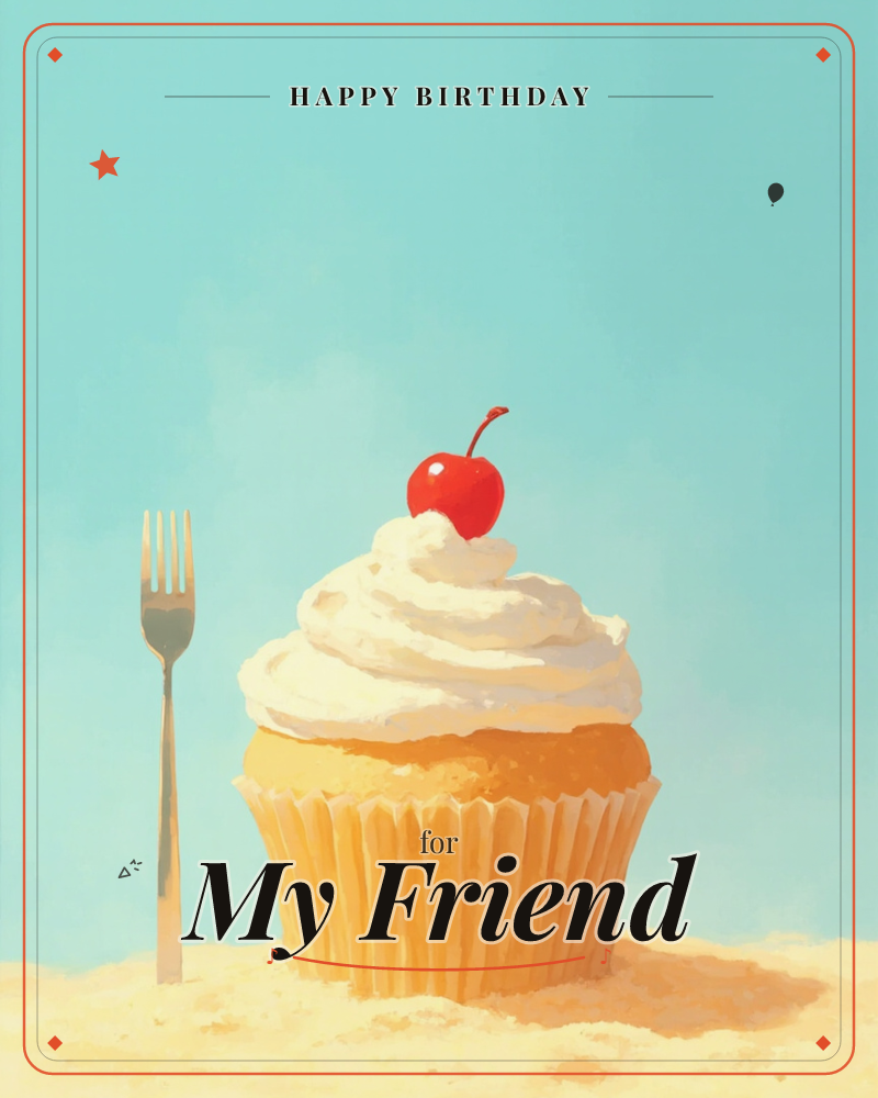 A single golden cupcake sits beside an old-fashioned fork against a soft teal background, its swirl of whipped cream topped with one glossy red cherry, a birthday e-card design