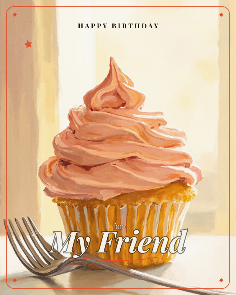 A single cupcake stands on a sunlit windowsill, its swirl of pink-peach frosting piled high above a golden paper liner, a birthday e-card design