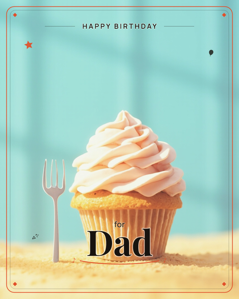 A single cupcake with a tall swirl of pale pink frosting sits beside a small fork on a soft teal background, lit by a window's diffused glow, a birthday e-card design