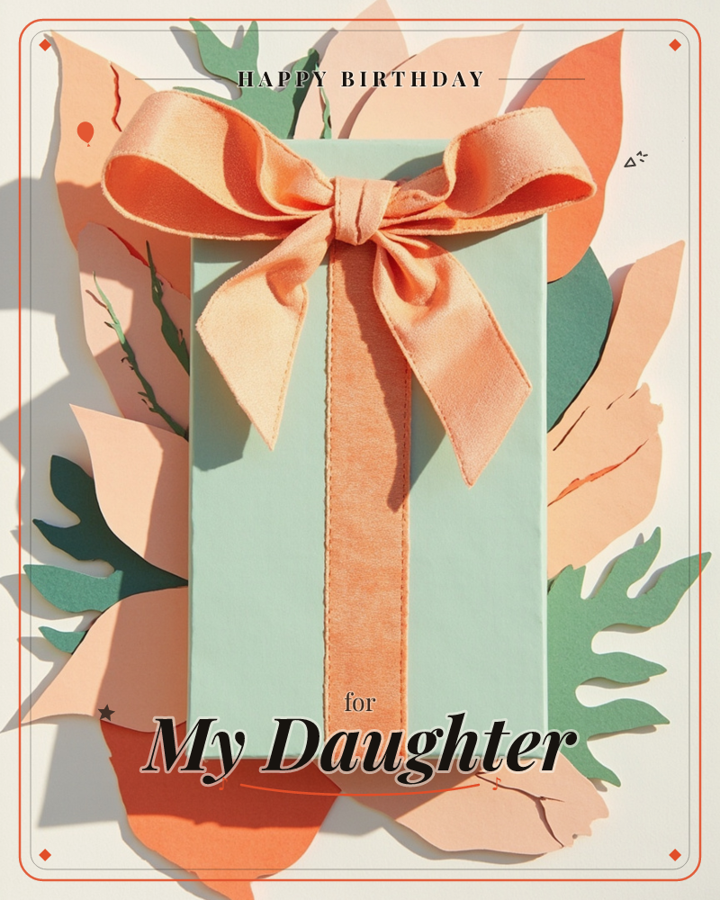 A mint-green gift box sits wrapped with a wide peach velvet ribbon tied into a full, glossy bow, a birthday e-card design