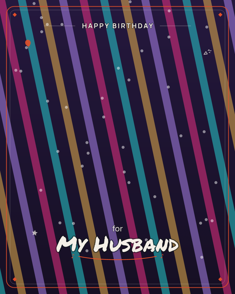 A dark plum background is crossed by diagonal stripes in teal, magenta, mustard gold and lilac, like ribbons or streamers caught mid-fall, a birthday e-card design by @DittyCityTeam