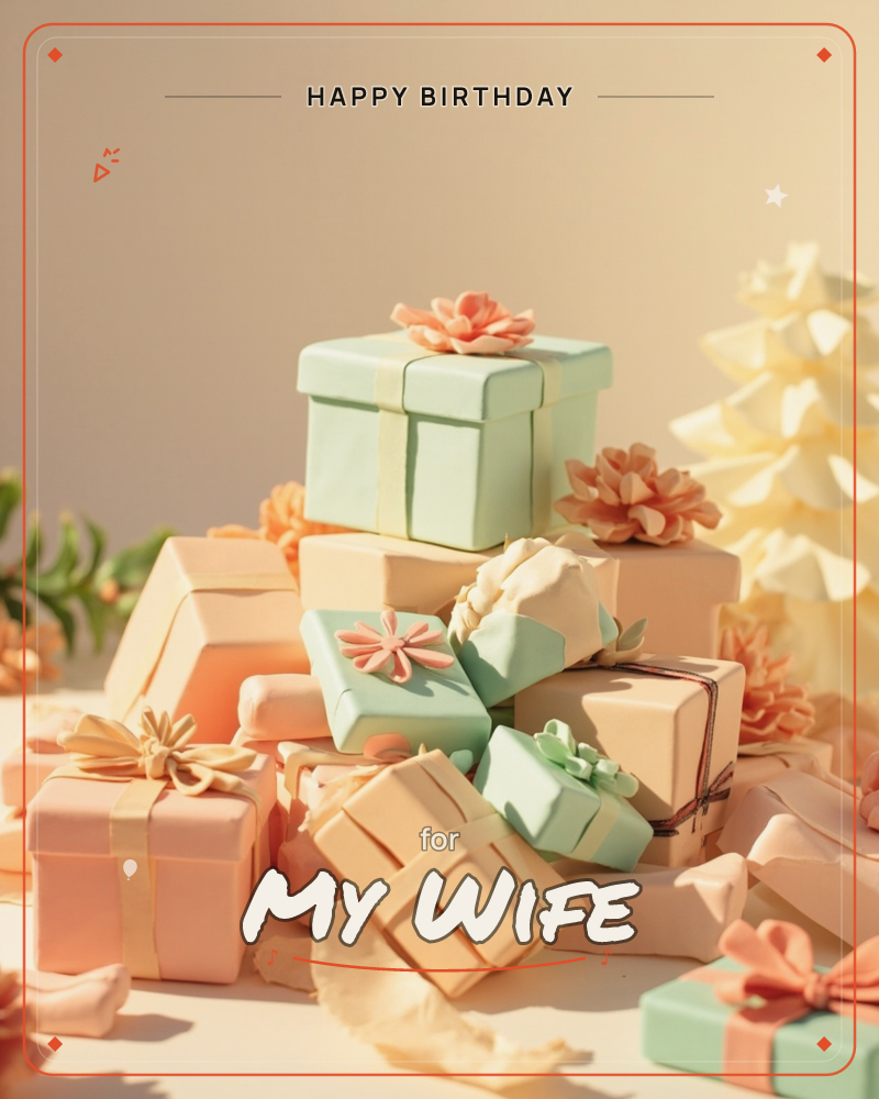 A pile of wrapped presents in soft mint, peach and cream paper is topped with paper flower bows, with a folded paper tree standing beside them and a…, a birthday e-card design