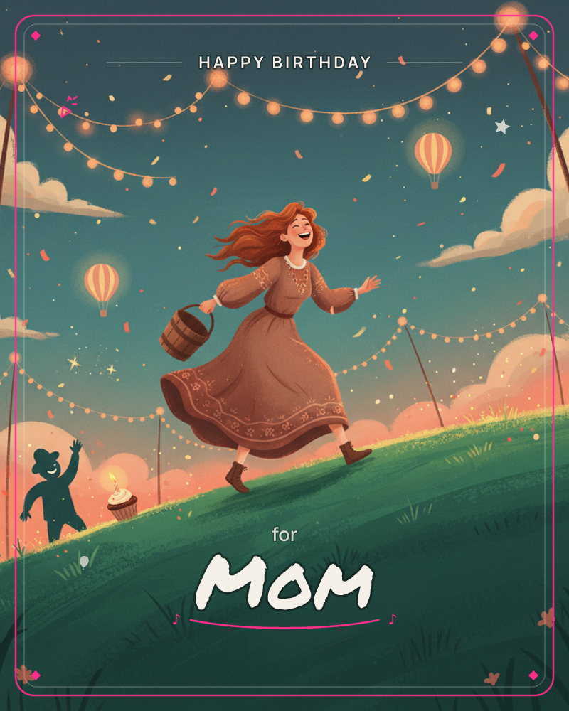 A woman with wind-tossed red hair runs laughing up a green hill at dusk, swinging a wooden bucket, her embroidered dress catching the breeze, a birthday e-card design by @DittyCityTeam