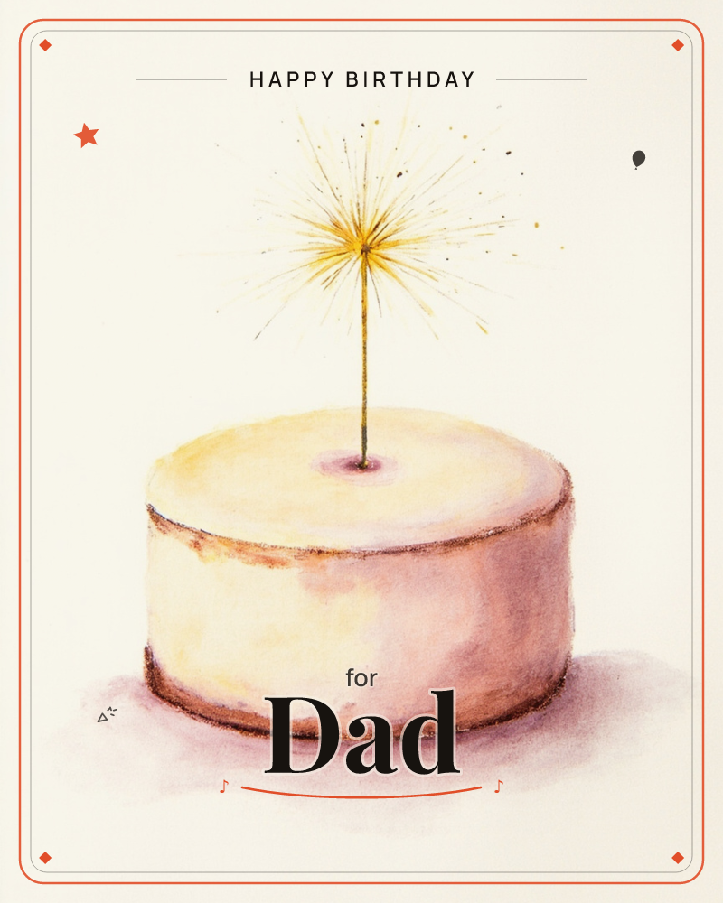 A single round cake, pale gold and dusty pink, sits alone on a soft cream background, a birthday e-card design