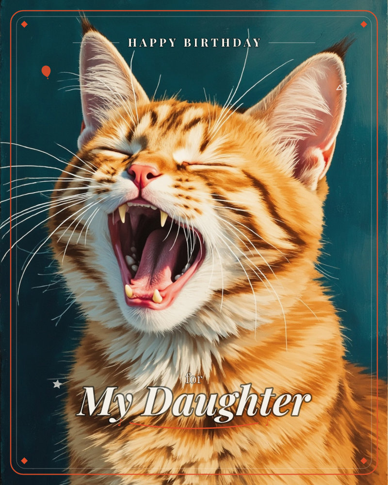 A close-up portrait of a ginger tabby cat mid-yawn, eyes squeezed shut and mouth wide open showing pink gums and small teeth, painted against a deep…, a birthday e-card design