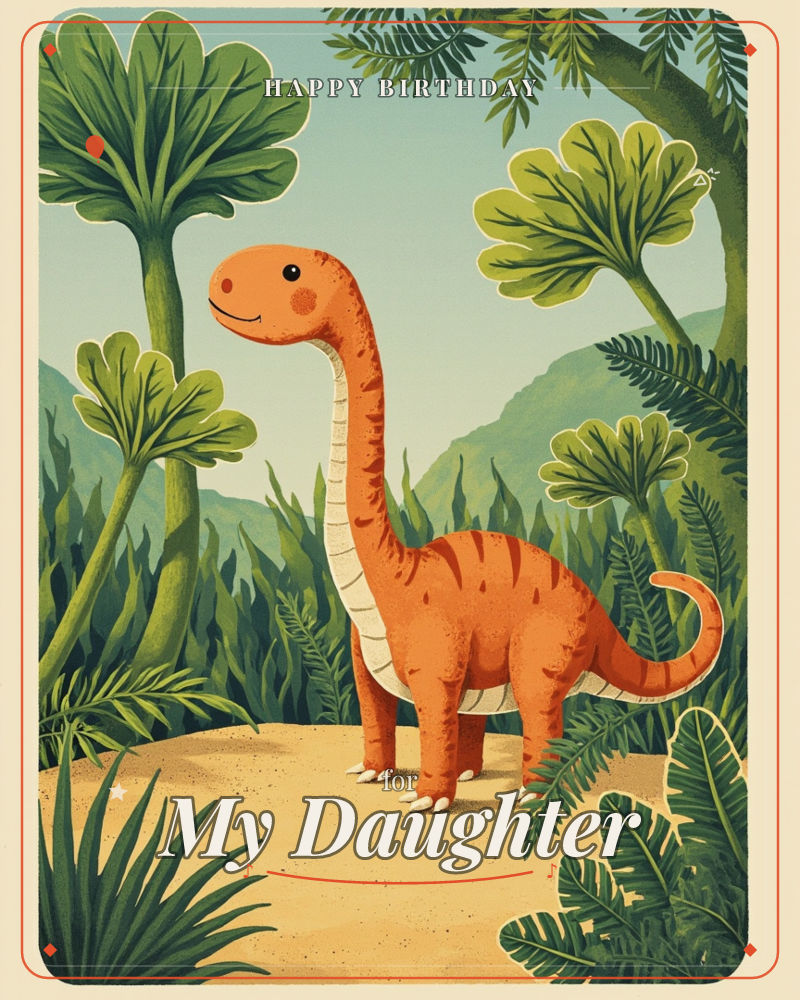 A friendly orange long-necked dinosaur stands smiling on a sandy path, its striped tail curling behind it, a birthday e-card design