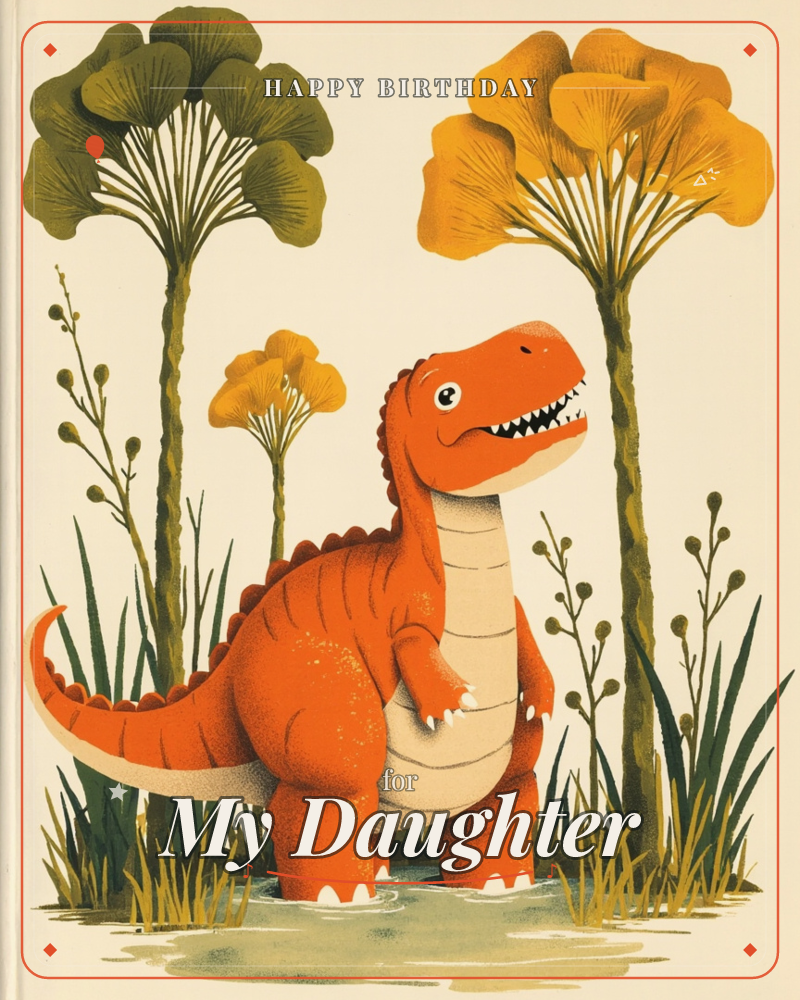 A cheerful orange dinosaur with a cream belly stands grinning in a shallow pool, surrounded by tall fan-shaped prehistoric trees in olive and mustard…, a birthday e-card design