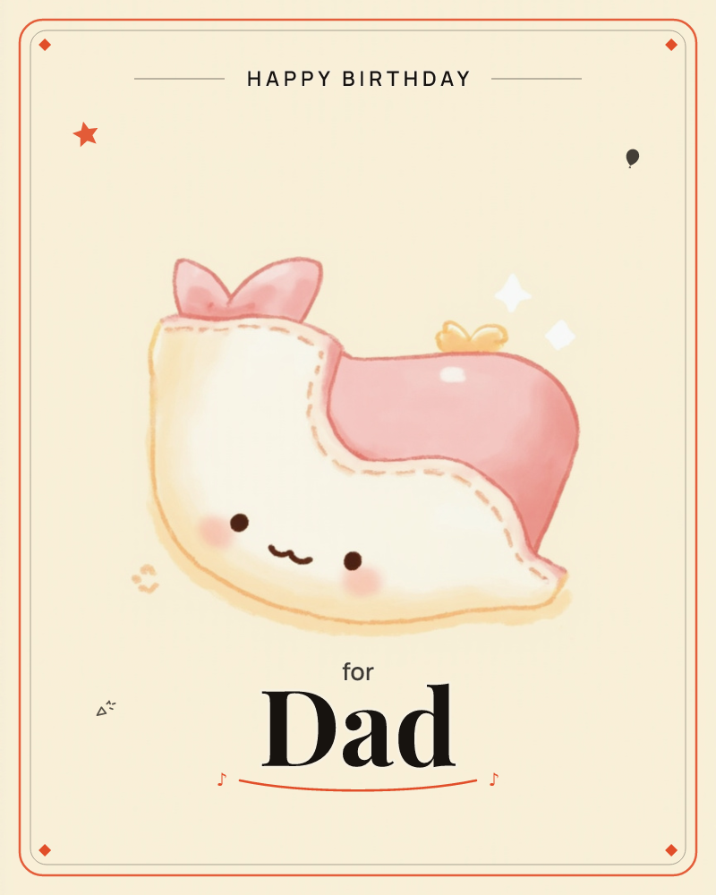 A plump, cream-coloured dumpling-shaped creature with a pink bunny-ear bow sits against a soft butter-yellow background, its blushing cheeks and closed…, a birthday e-card design