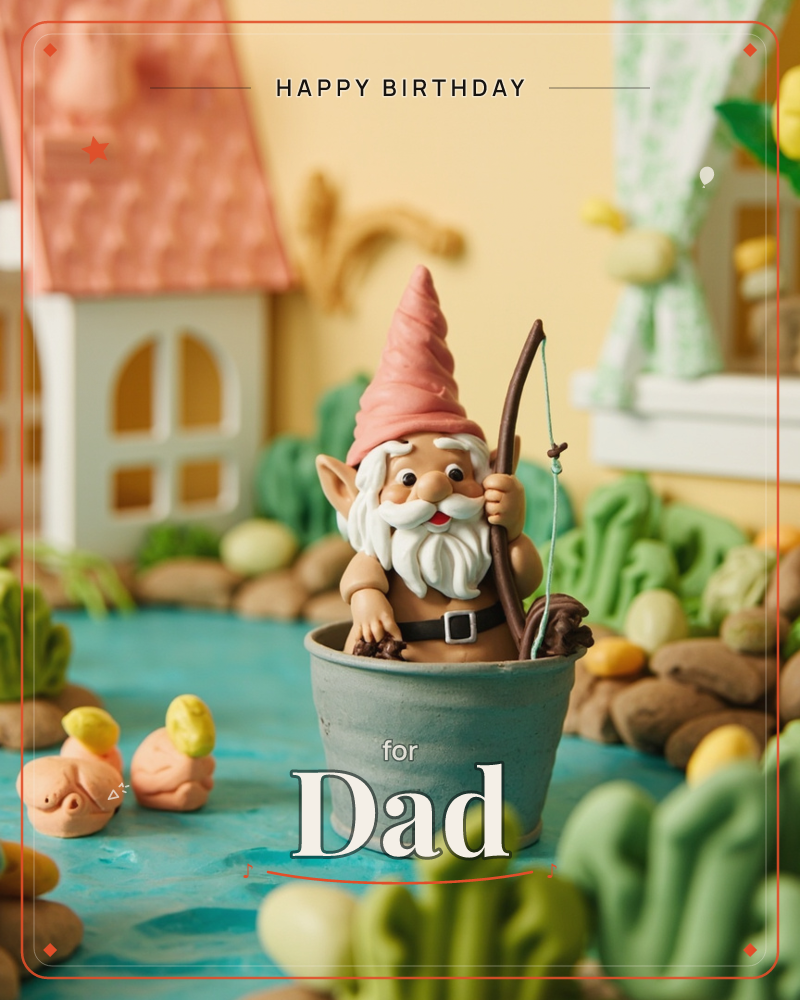 A claymation-style garden gnome with a tall pink hat and bushy white beard sits inside a tin bucket, holding a fishing rod over a painted turquoise pond, a birthday e-card design