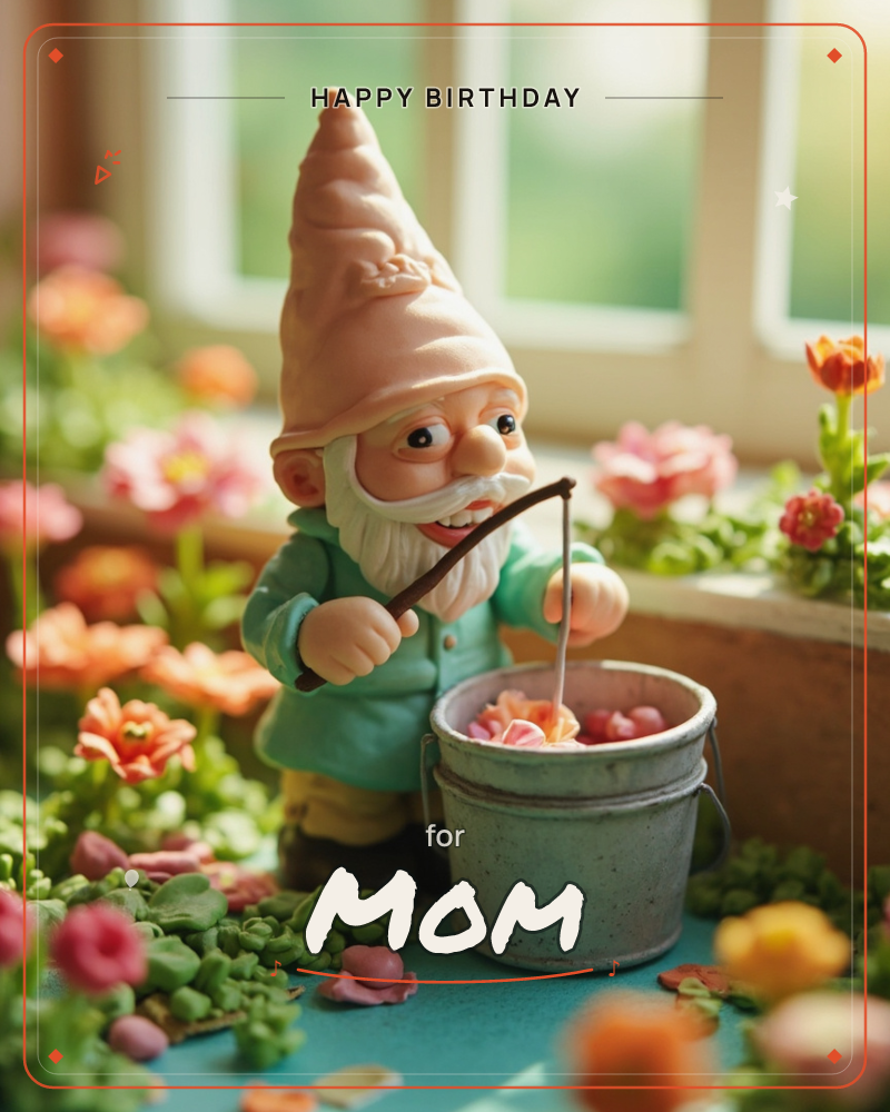 A cheerful garden gnome figurine in a pink cap and mint green jacket stirs a small bucket of flower petals with a twig, surrounded by clusters of pink…, a birthday e-card design