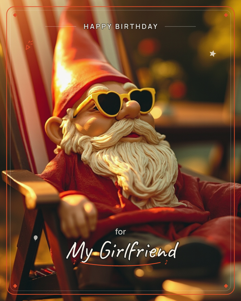 A garden gnome figurine lounges in a red-and-white striped deckchair, wearing yellow heart-shaped sunglasses over its long white beard and pointed red hat, a birthday e-card design
