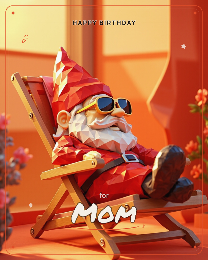 A low-poly Santa figure lounges back in a wooden deck chair, sunglasses on and boots kicked up, taking a break from the sleigh, a birthday e-card design