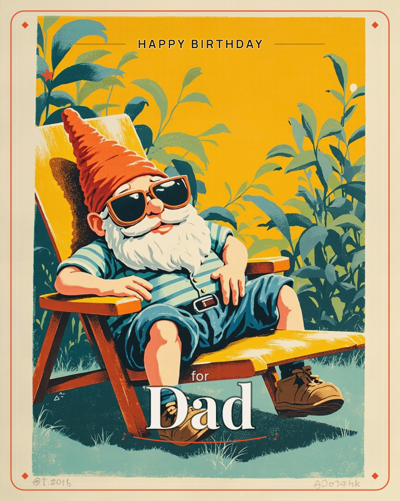 A garden gnome with a bushy white beard and pointed red hat lounges back in a wooden deck chair, sunglasses on and arms relaxed at his sides, a birthday e-card design