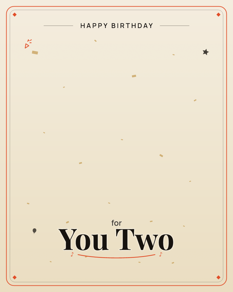 A soft cream background glows with a warm vignette, scattered with tiny gold confetti flecks drifting quietly across the page, a birthday e-card design by @DittyCityTeam
