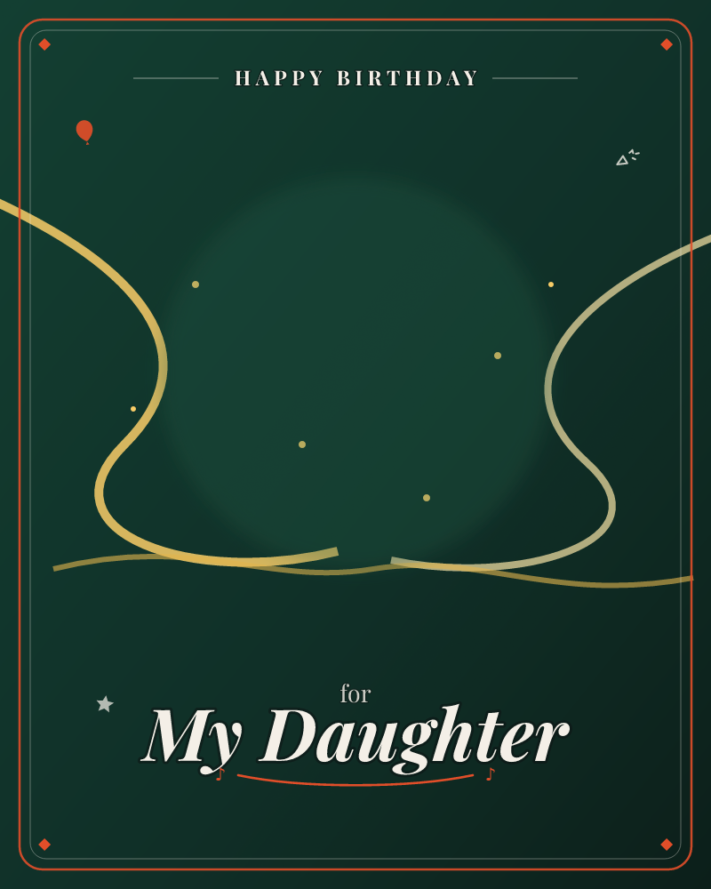 A deep forest-green background glows softly at its centre like a rising moon, with two ribbon-thin gold lines curling down from the top corners to meet…, a birthday e-card design by @DittyCityTeam