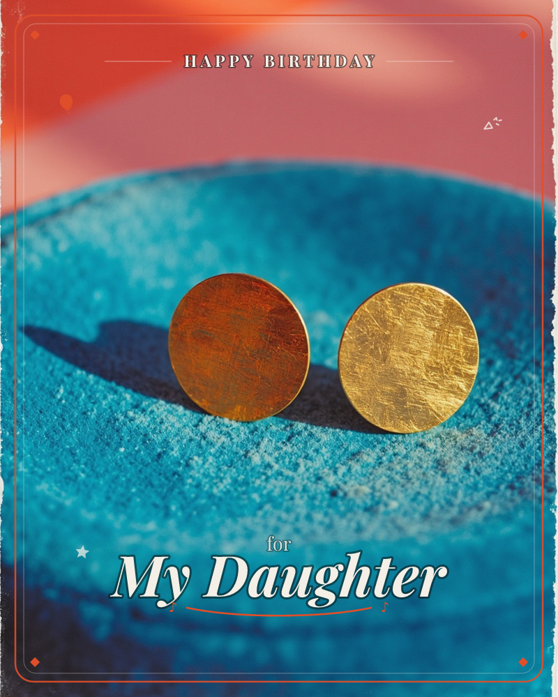 Two hammered gold-toned discs rest side by side against the curved rim of a textured turquoise bowl, catching warm sunlight that streaks across a…, a birthday e-card design