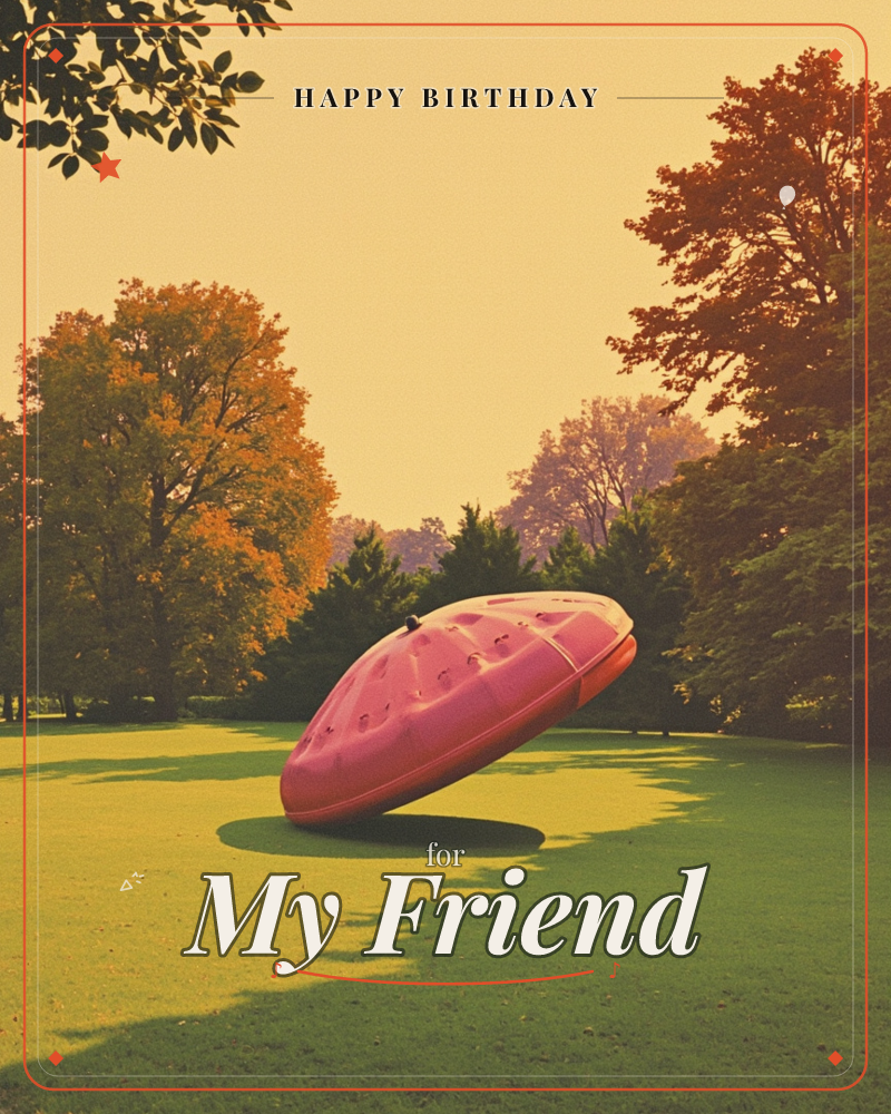 A glossy pink saucer-shaped pod hovers just above a sunlit lawn, tilted as if caught mid-landing in a quiet park, a birthday e-card design