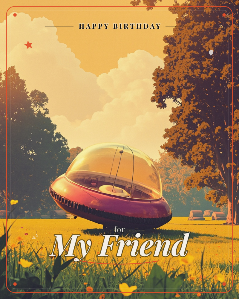 A retro flying saucer with a glossy magenta hull and a glass dome sits parked on a sunlit patch of grass between two golden-leaved trees, a birthday e-card design