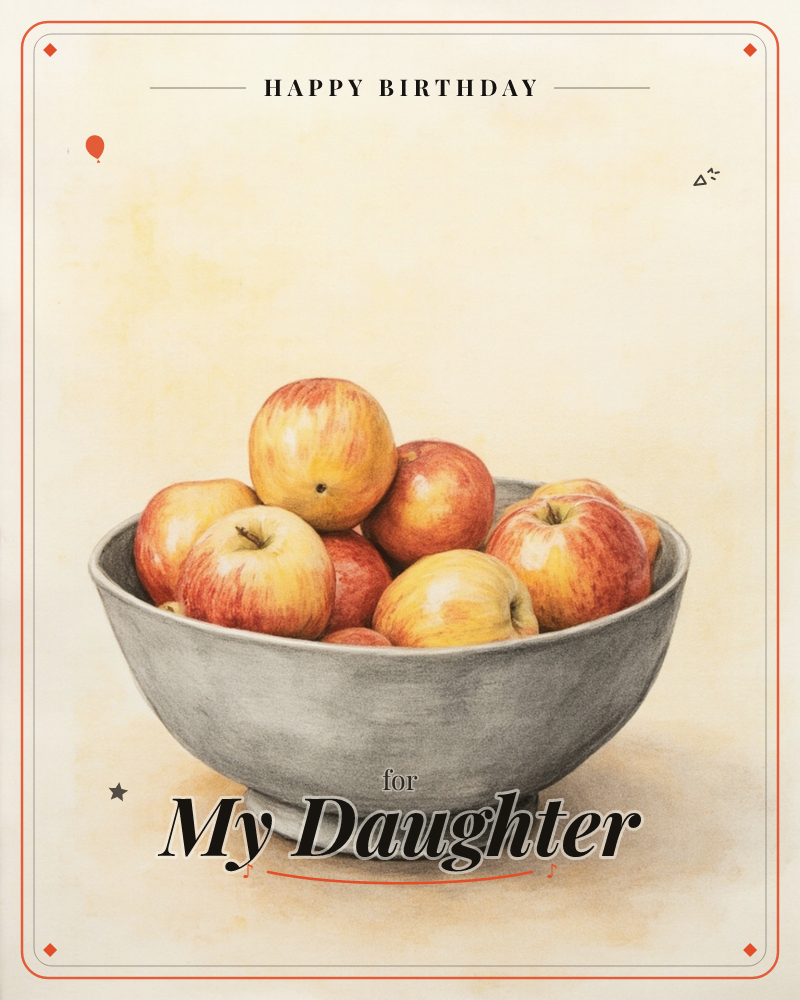 A grey stone bowl sits piled high with red and yellow apples, rendered in fine, soft-shaded pencil detail against a plain warm cream background, a birthday e-card design