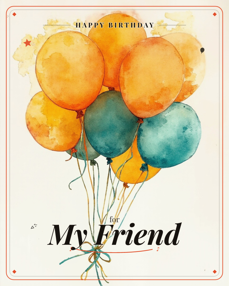 A watercolour bunch of balloons in warm orange and teal clusters together against a soft cream background, their strings twisted and tied in a loose…, a birthday e-card design
