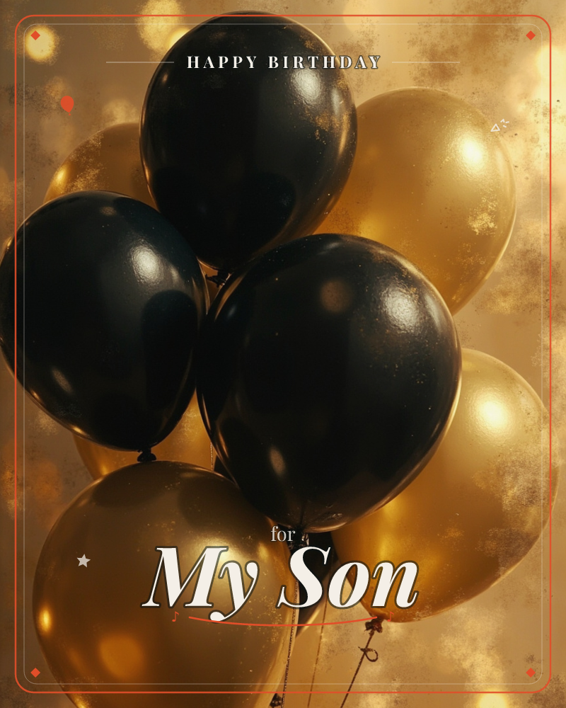 A cluster of glossy black and gold balloons fills the frame, their strings knotted together at the base, set against a warm bronzed backdrop flecked…, a birthday e-card design