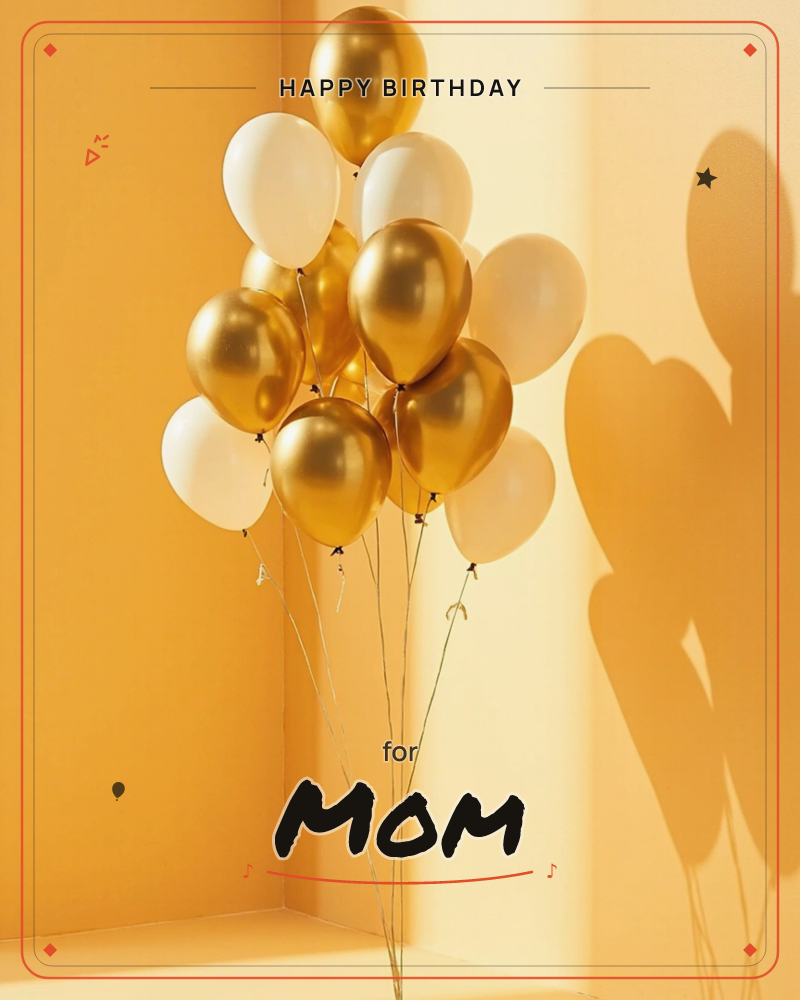 A cluster of glossy gold and matte white balloons bunches together against a warm mustard-orange corner, their strings gathered low, a birthday e-card design