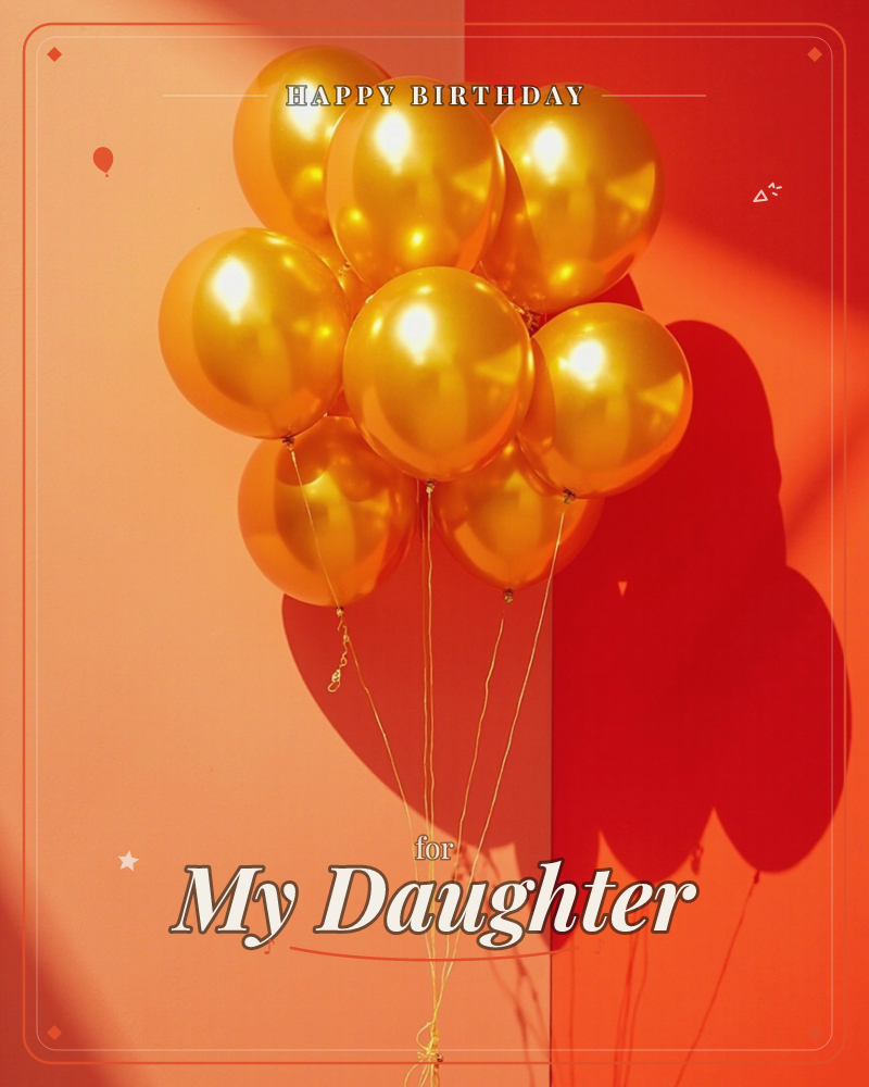 A cluster of glossy gold balloons hangs against a two-tone red and coral wall, their strings gathered loosely below, a birthday e-card design