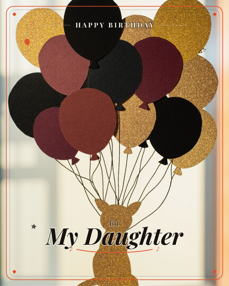 A paper-craft decoration shows a glittering gold cat silhouette holding a bunch of balloon cutouts in black, burgundy and sparkling gold, photographed…, a birthday e-card design