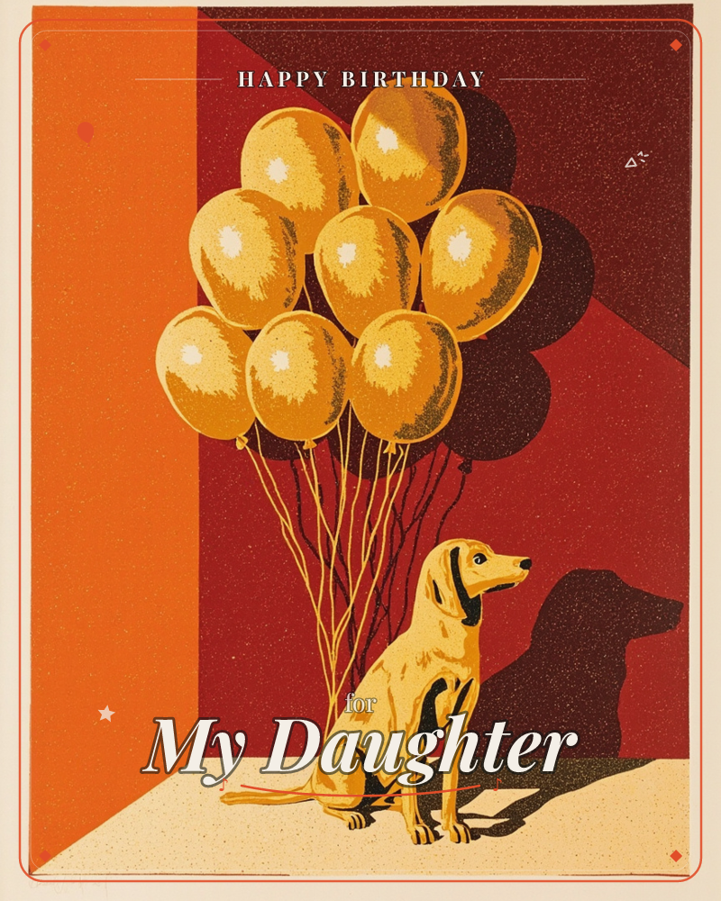 A dog sits proudly against a bold orange and deep red backdrop, a bunch of golden balloons tied to its collar rising overhead, a birthday e-card design
