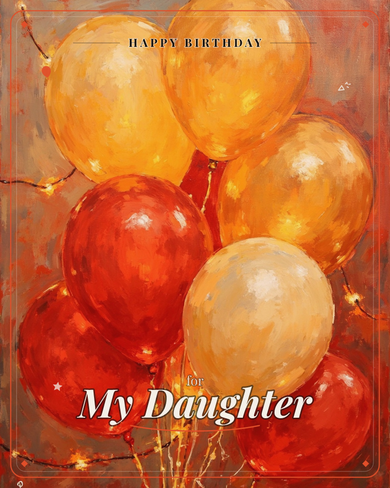 A cluster of golden-yellow and deep red balloons fills the frame, painted in loose, buttery brushstrokes against a warm terracotta backdrop, a birthday e-card design