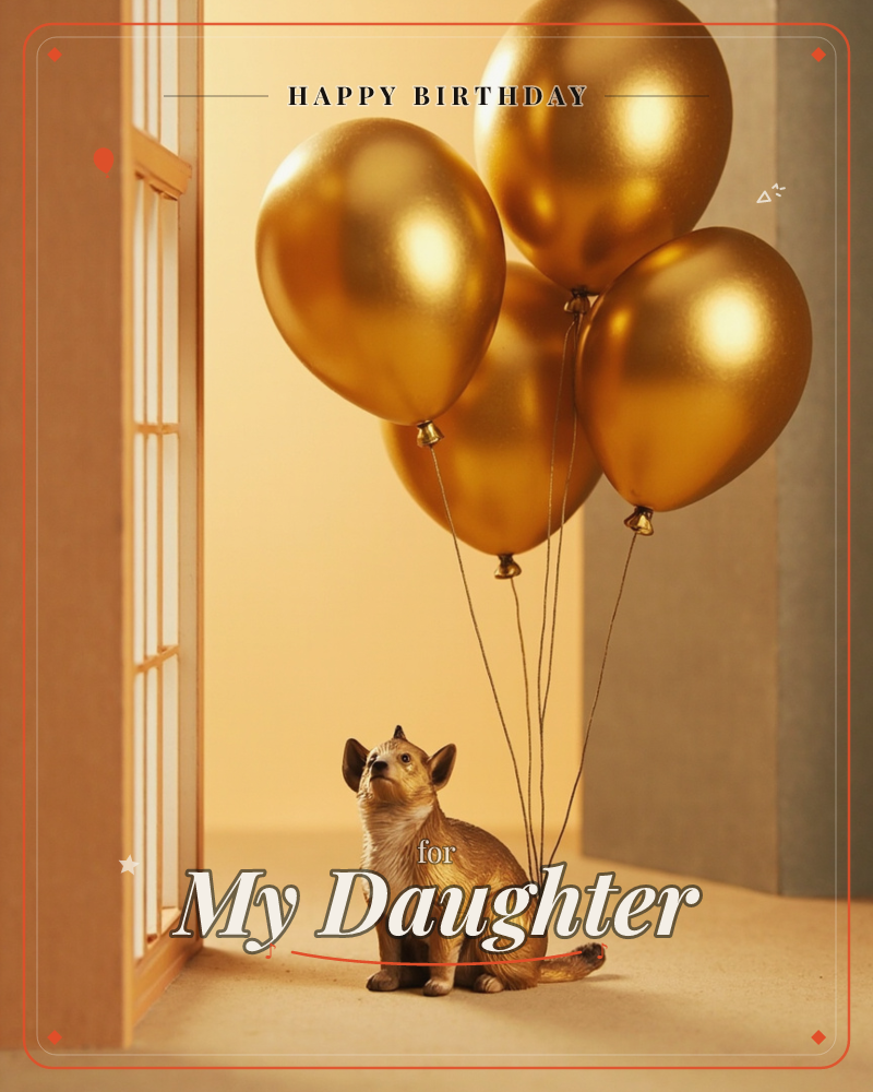 A small dog figurine sits in an open doorway looking up at a cluster of glossy gold balloons tied to its tail, a birthday e-card design